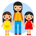 Vector illustration mom holds two twin daughters in bright dresses.